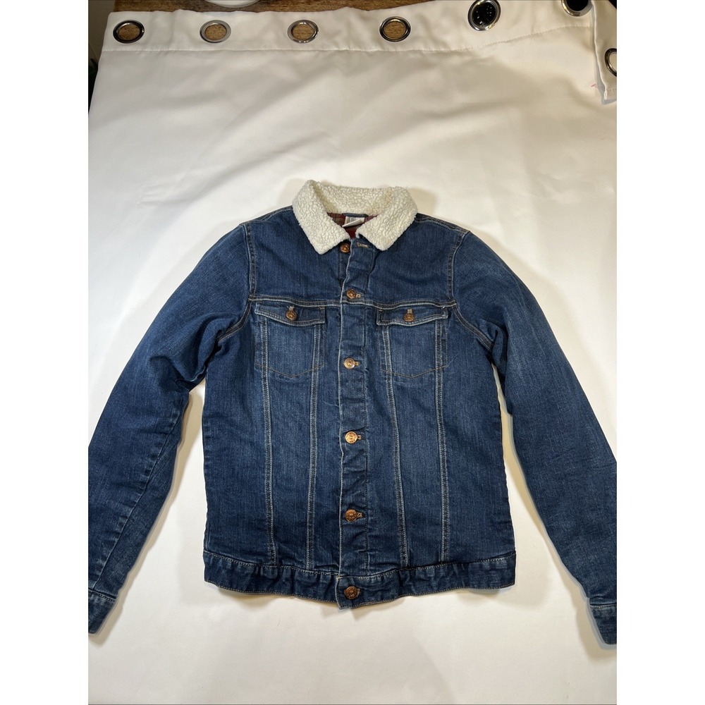 Denim Flannel Lined Barn Jacket Size 14Y Youth Boys Red Plaid Chore Coat